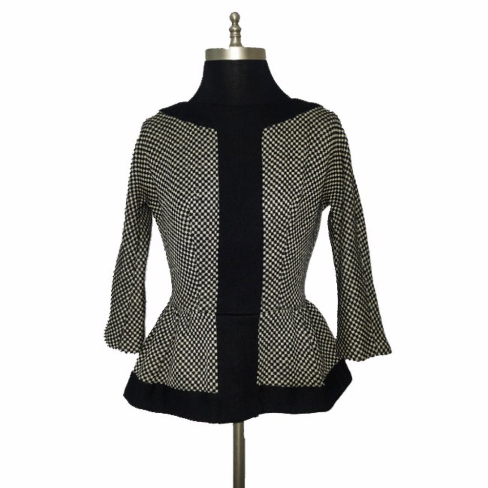 Vtg 70s Black Off White Tweed Peplum Top 11